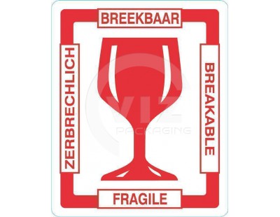 Etiket BREEKBAAR glas in 4 talen, Rol met 500 stuks Etiketten en signalering