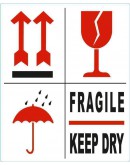 Etiket BREEKBAAR - FRAGILE - KEEP DRY - PIJL - GLAS 500 stuks per rol Etiketten en signalering