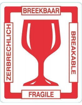 Etiket BREEKBAAR glas in 4 talen, Rol met 500 stuks