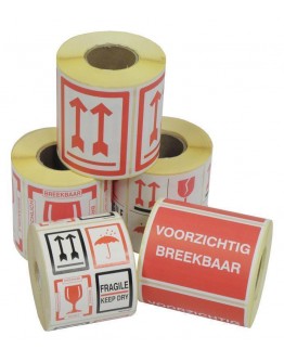 Etiket BREEKBAAR - FRAGILE - KEEP DRY - PIJL - GLAS 500 stuks per rol