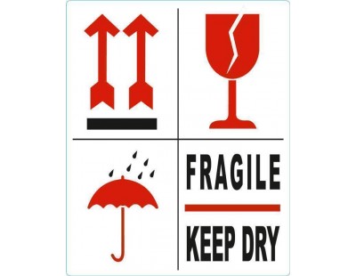 Etiket BREEKBAAR - FRAGILE - KEEP DRY - PIJL - GLAS 500 stuks per rol Etiketten en signalering